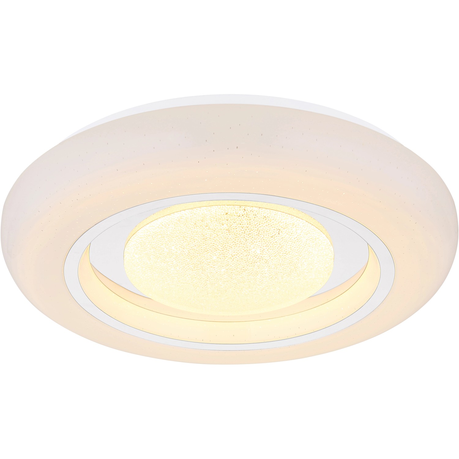 Weiße, 2-flammige Globo LED-Deckenleuchte Burro mit Chromring und klaren Glaskristallen.