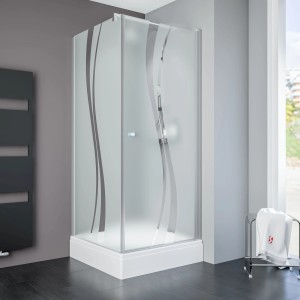 Schulte Eckdusche mit Drehtür und Seitenwand, Dekor Liane, 90 cm. Rahmenlose Duschkabine mit grauen Designelementen.