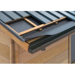 Detailaufnahme einer montierten, anthrazitfarbenen SDF Kastenrinne mit Enddeckel am Dach.
