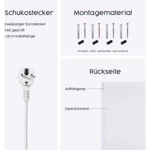 Details der Könighaus Infrarotheizung P-Serie: Stecker, Montagematerial und Rückseite der Wandheizung.