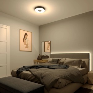 Philips Coiner Deckenleuchte Schwarz Ø 38,9 cm im Schlafzimmer. Moderne, dimmbare LED-Deckenlampe für stilvolle Beleuchtung.