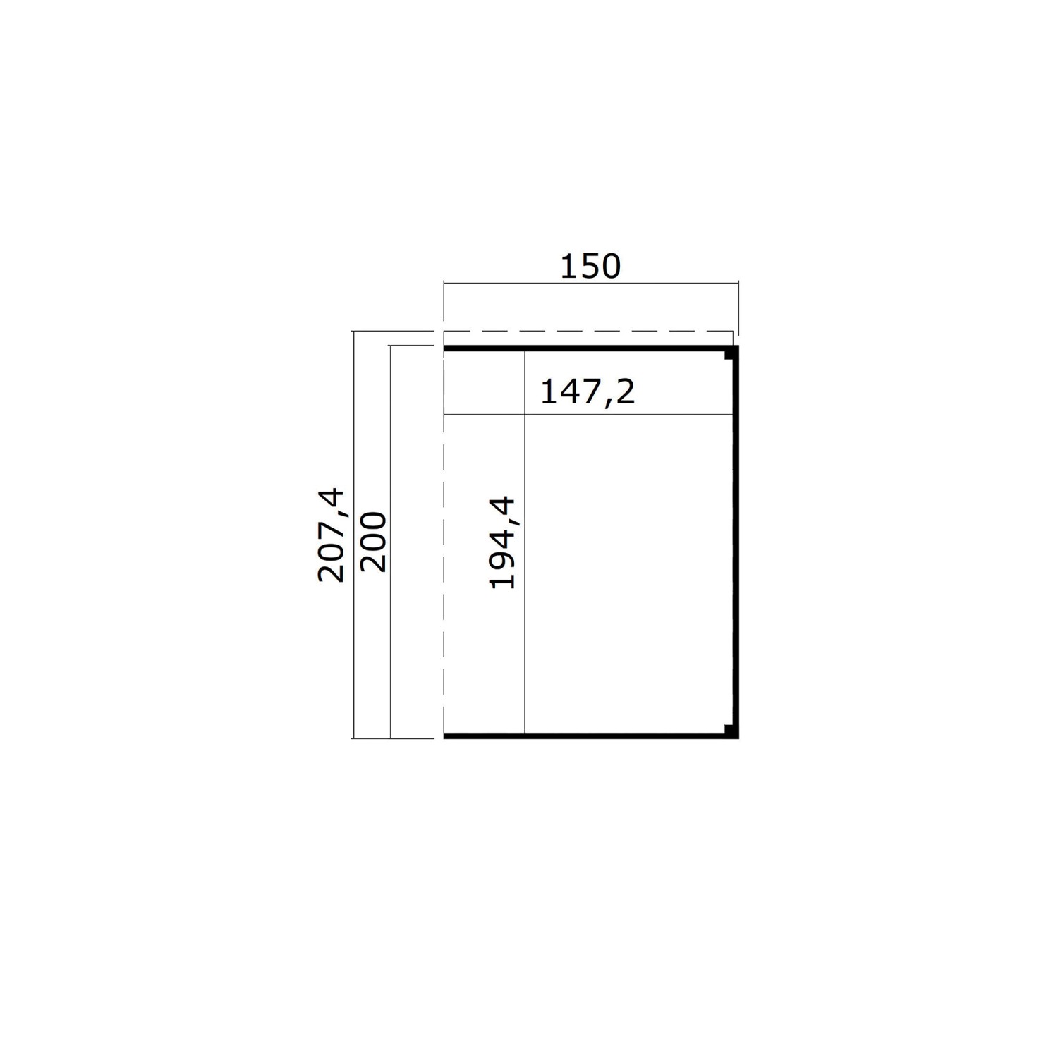 Technische Zeichnung: Weka Anbau 1 für Gartenhaus Batu 1, Maße 150x200cm.