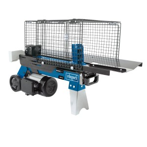 Scheppach HL460 Holzspalter liegend, blau, mit Schutzkäfig und Ablagetisch.