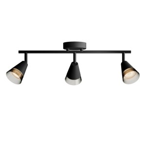 Schwarzer Philips Spot Cleft Deckenstrahler mit 3 konischen GU10 Spots. Lineares Design, einfache ClickFix Montage.