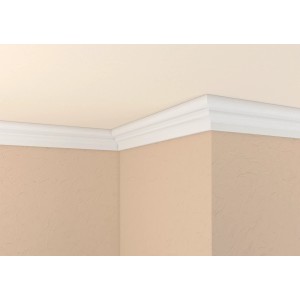 Decosa Zierprofil XZL06 aus Polystyrol, weiß, an Decke und Wand montiert.