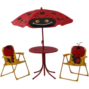 Siena Garden Kinder-Set Marie, 3-teilig mit Marienkäfer-Motiv: Tisch, Sonnenschirm und 2 Stühle.