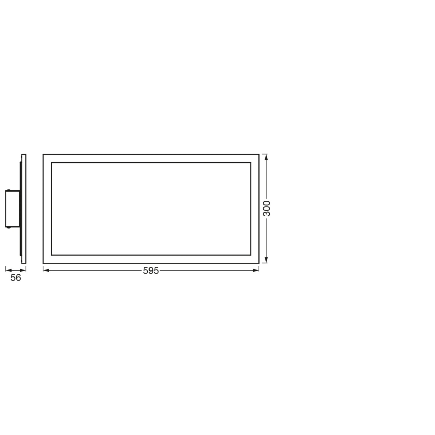 Technische Zeichnung Ledvance LED-Panel Planon Plus, weiße Deckenleuchte, Maße 59,5x30x5,6cm.