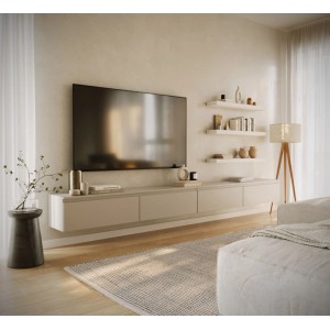Modernes, schwebendes TV-Hängeboard 300 cm in Kaschmirgrau mit 4 Klappen. Minimalistisches Design.