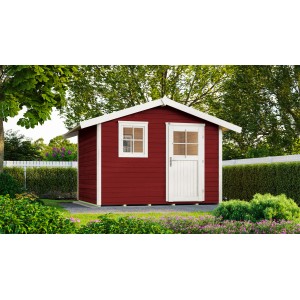 Schwedenrotes Gartenhaus mit Satteldach, Fenster und Tür. Holz-Gartenhaus für den Garten.