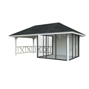 Palmako Pavillon Bianca Set, 588x300 cm, weiß lackiert, mit Schiebetüren und Geländer.