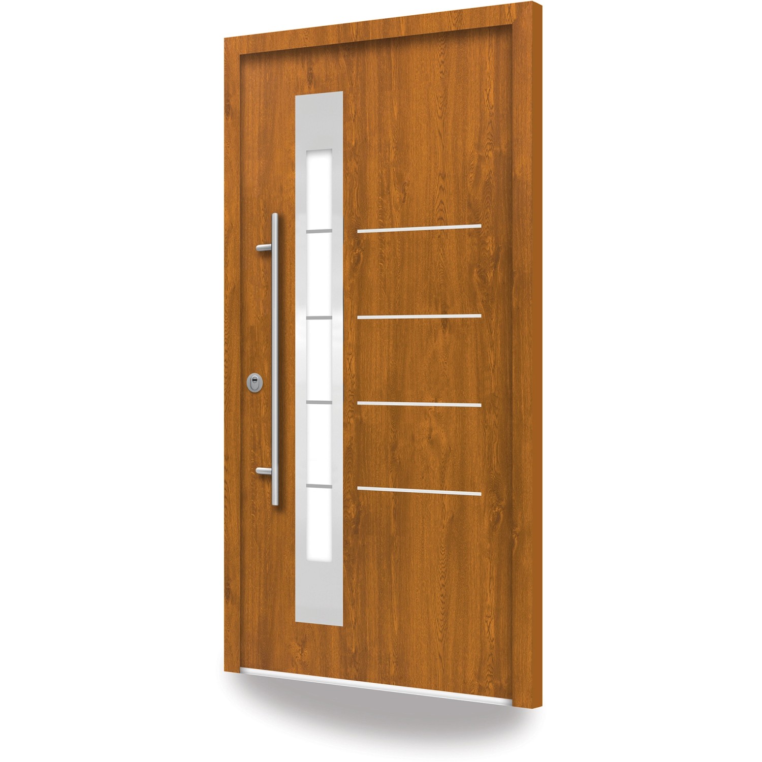 Splendoor Sicherheits-Haustür Berlin Prime RC2 Gold.Oak, 100x210 cm, mit Glaseinsatz und Edelstahl-Applikationen.