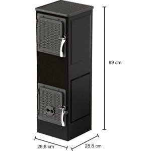 Schwarzer Werkstattofen aus Stahl, 6 kW, mit zwei Türen und Maßen.