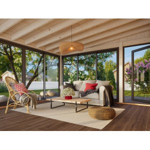 Innenansicht: Palmako Holz-Gartenhaus mit Pultdach als Wohnraum mit Möbeln und viel Tageslicht.