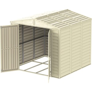 Duramax Kunststoff-Gartenhaus DuraMate Beige, 5,8 m², mit geöffneten Doppeltüren.