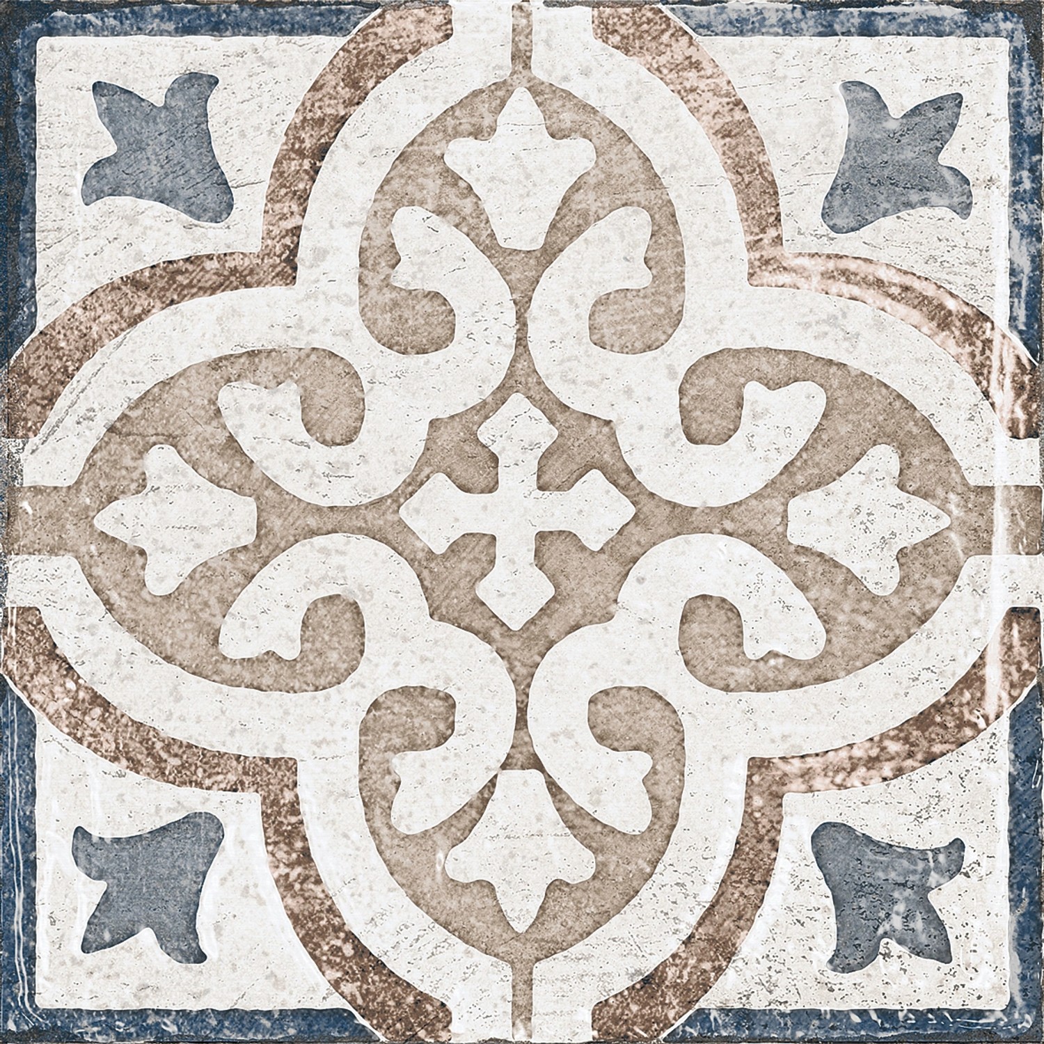 Dekorative, matte Bodenfliese aus Feinsteinzeug, 20x20 cm, mit floralem Muster in Beige, Weiß und Blau.