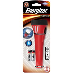 Rote Energizer Waterproof Taschenlampe mit Batterien, wasserdicht und schwimmfähig.