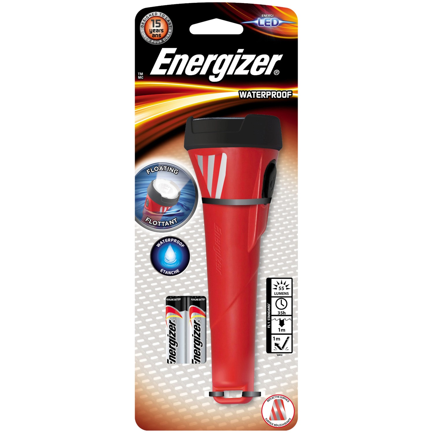Rote Energizer Waterproof Taschenlampe mit Batterien, wasserdicht und schwimmfähig.