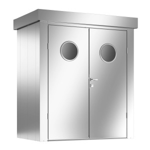 Modernes Guardi Gerätehaus S in Silber Metallic mit Doppeltür und runden Fenstern.