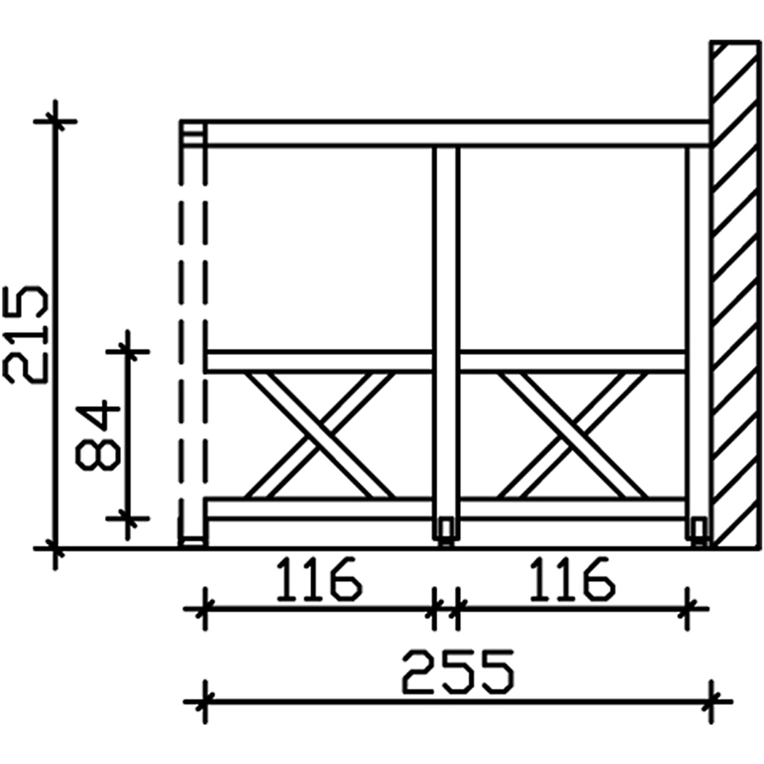 Technische Zeichnung: Skan Holz Seitenwand Andreaskreuz, 255x210 cm, Fichte Weiß, Maße