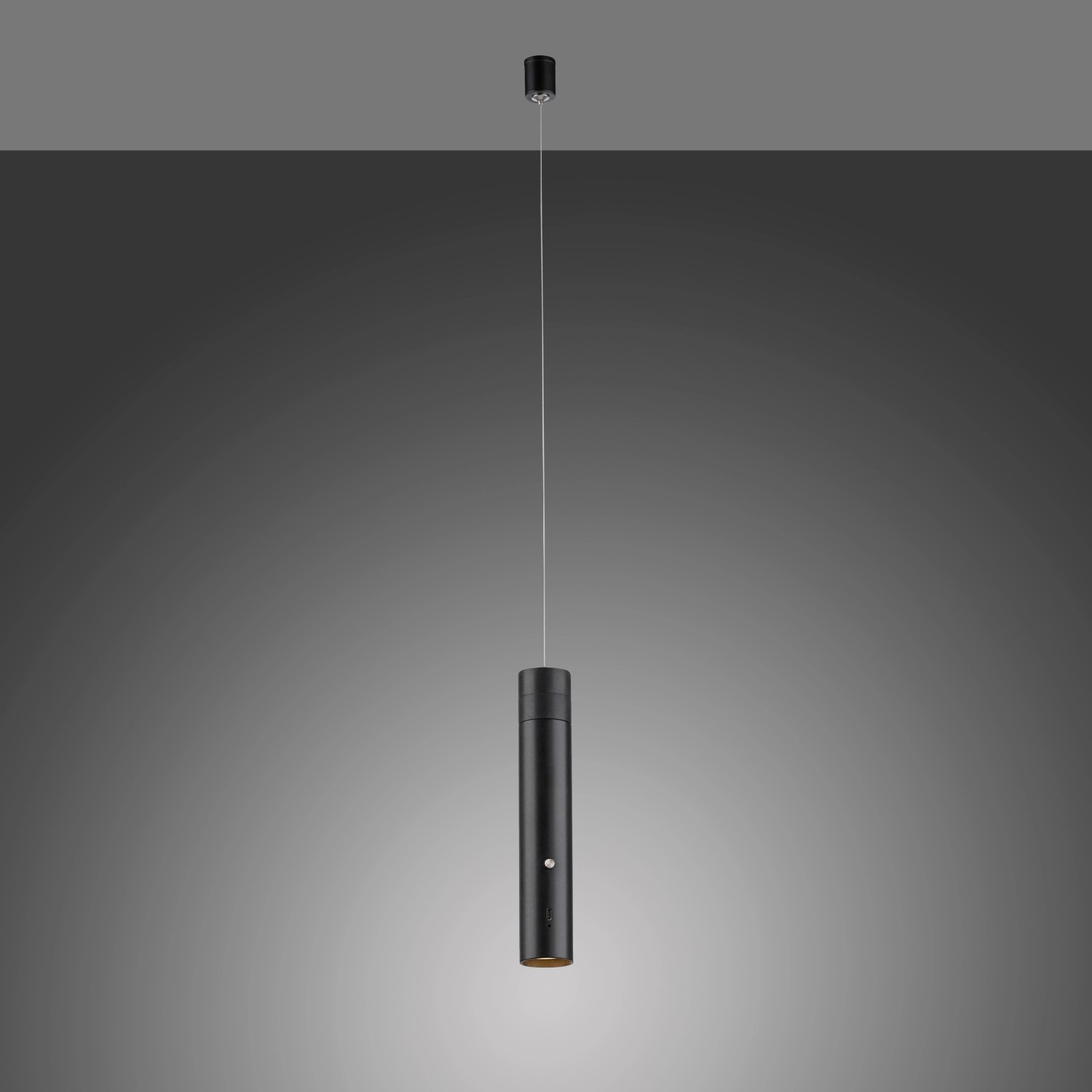 Schwarze LED-Akku-Pendelleuchte Attach von Just Light, 120 cm, Ø 16 cm.