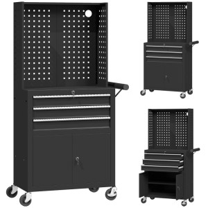 Schwarzer HOMCOM Werkzeugschrank mit Lochplatten, 3 Schubladen, Schrankfach und Rollen für die Werkstatt.