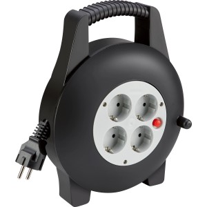 Schwarze Kabeltrommel XP19-D1 mit 5 m Kabel und 4 Steckdosen für den Innenbereich.