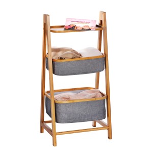 Wenko Haushaltsregal Bahari Bambus mit 2 grauen Körben und Ablage.