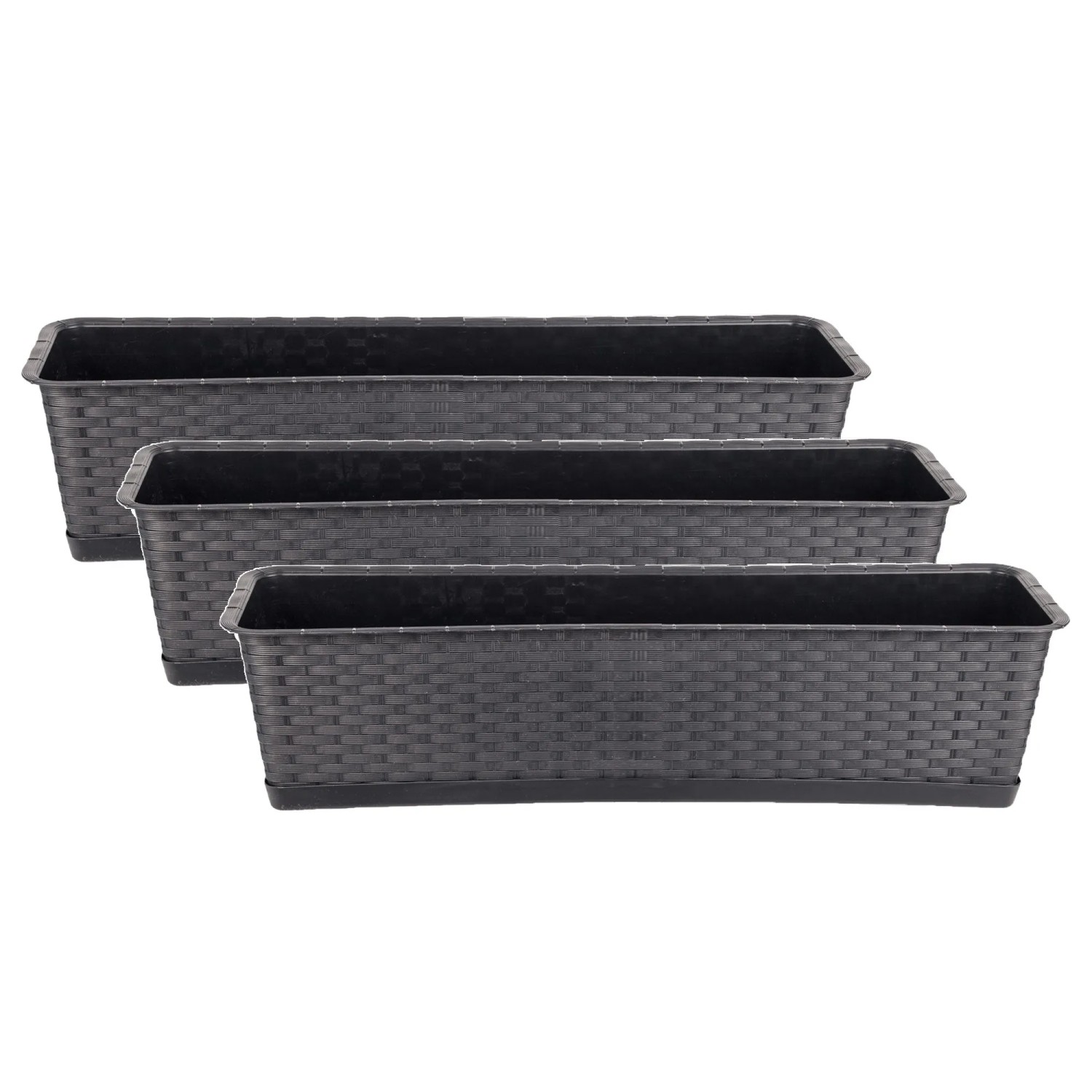 BigDean 3er Set Blumenkasten mit Untersetzer 70 cm Lang Rattan Optik Anthrazit aus PP Kunststoff Balkon Pflanzkasten Schmal Balkonkasten kaufen bei OBI