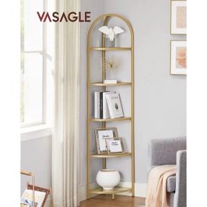 Vasagle Eckregal mit 5 Ebenen aus Hartglas und goldenem Metallrahmen.