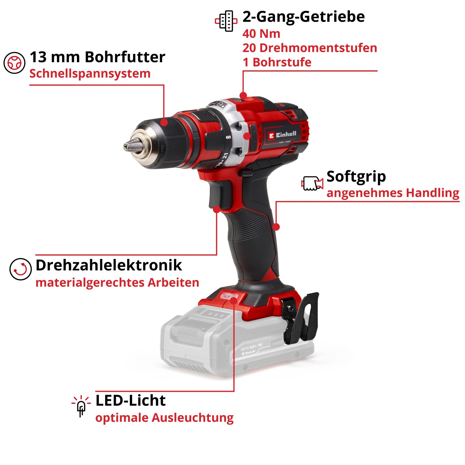 Einhell Akku-Bohrschrauber TE-CD 18/40 Li Solo, rot/schwarz, mit 13 mm Bohrfutter und LED-Licht.