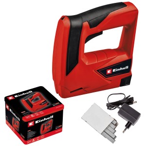 Einhell Akku-Tacker TC-CT 3,6 Li Set mit Ladegerät, Klammern und Metallbox.