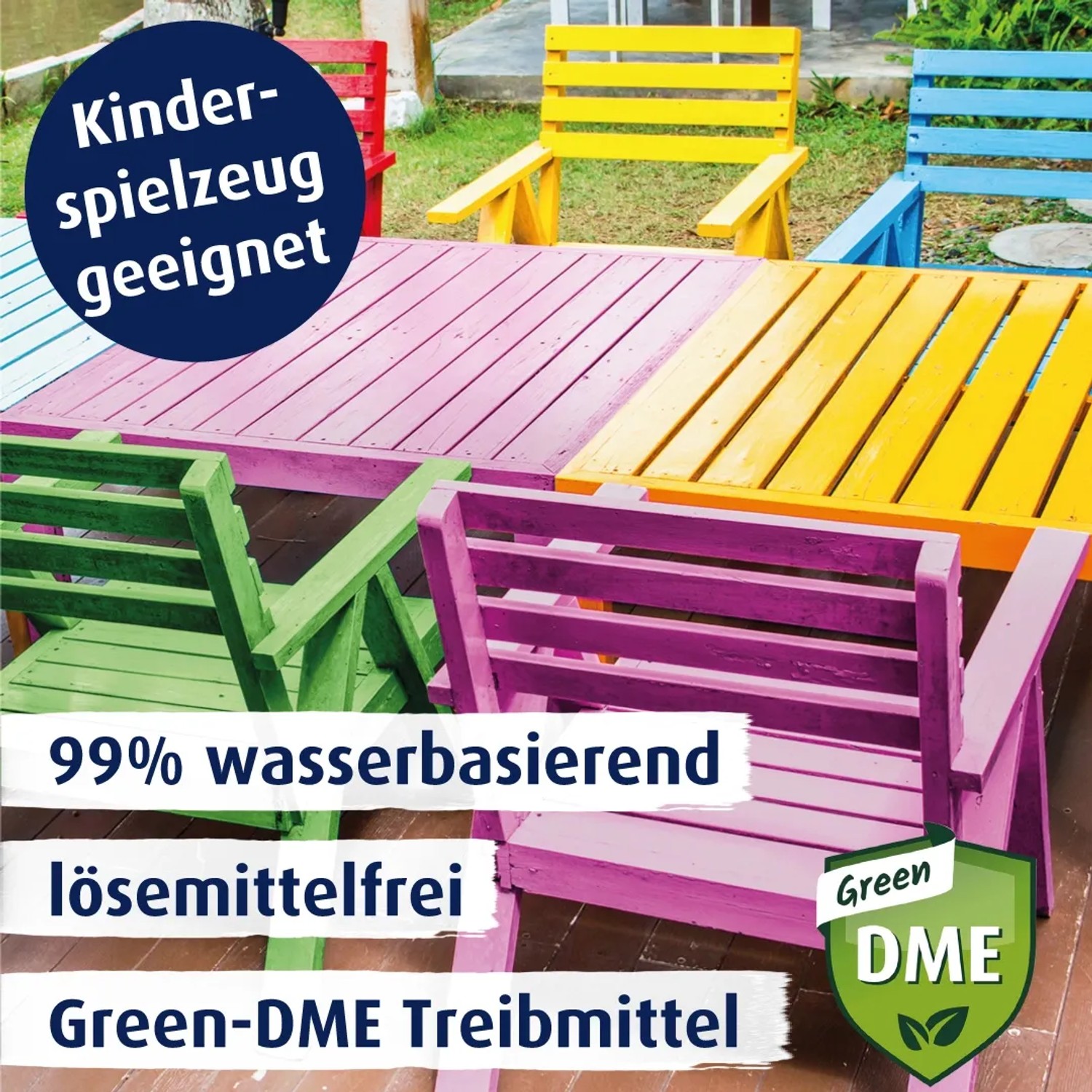 Buntes Gartenmöbel-Set mit Belton Klarlack seidenglänzend lackiert. Geeignet für Kinderspielzeug.