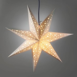 Weißer Konstsmide Papierstern, 75 cm, mit 7 Zacken und leuchtenden Sternen-Ausstanzungen für Innen-Weihnachtsdeko.