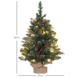 Künstlicher Weihnachtsbaum 0,6m mit 50 Lichtern, Tannenzapfen, roten Beeren und Jute-Basis. Festliche Deko.