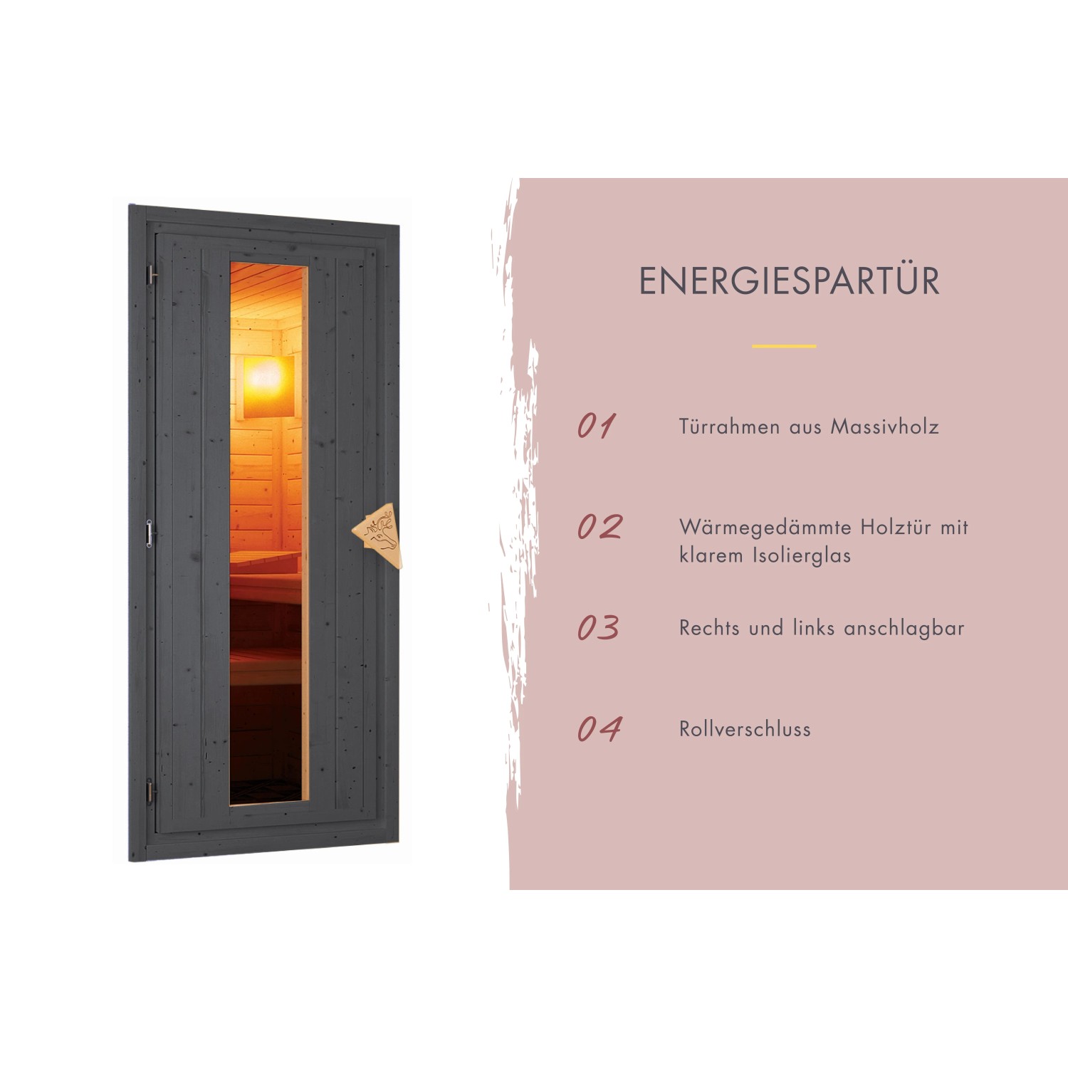 Detailaufnahme der energiesparenden Tür für das Karibu Saunahaus Arvi 1, terragrau.