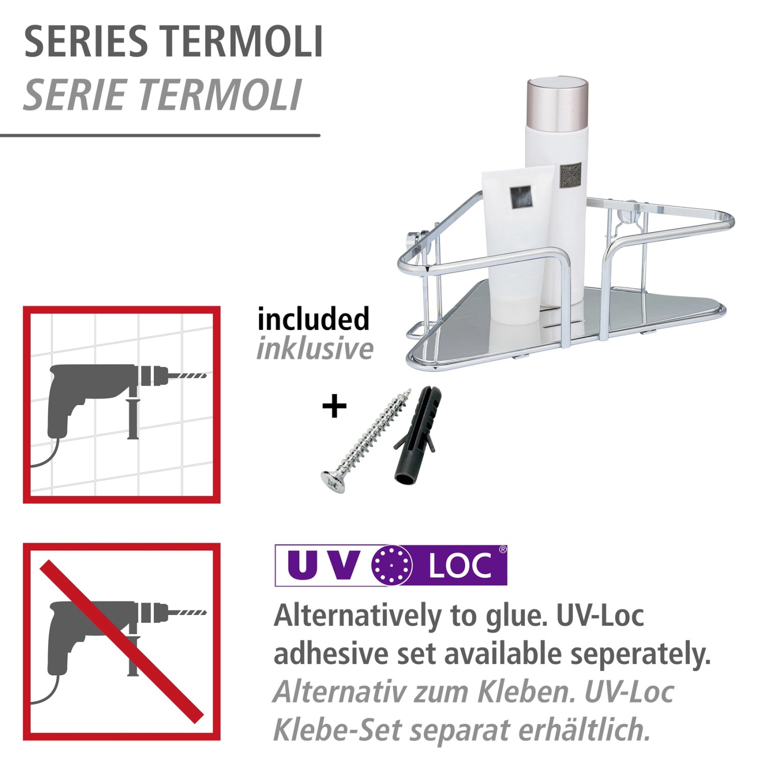 Wenko Eckablage Termoli, Edelstahl, glänzend silber, mit Schrauben und Dübeln für die Wandmontage.