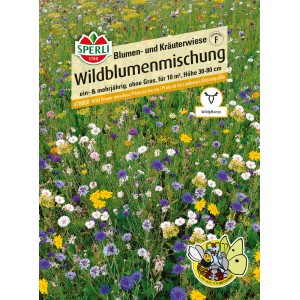 Samenpackung Sperli Wildblumenmischung mit bunten Blumen und Kräutern.