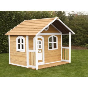Axi Milan Spielhaus aus Holz in Braun und Weiß mit Veranda und Tür.