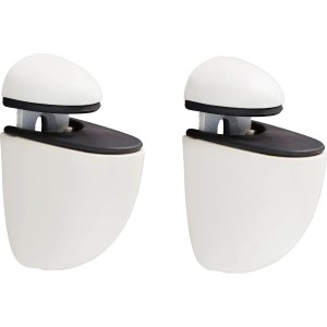 Zwei weiße OBI Befestigungsclips Select Mini für Regalböden, matte Oberfläche.