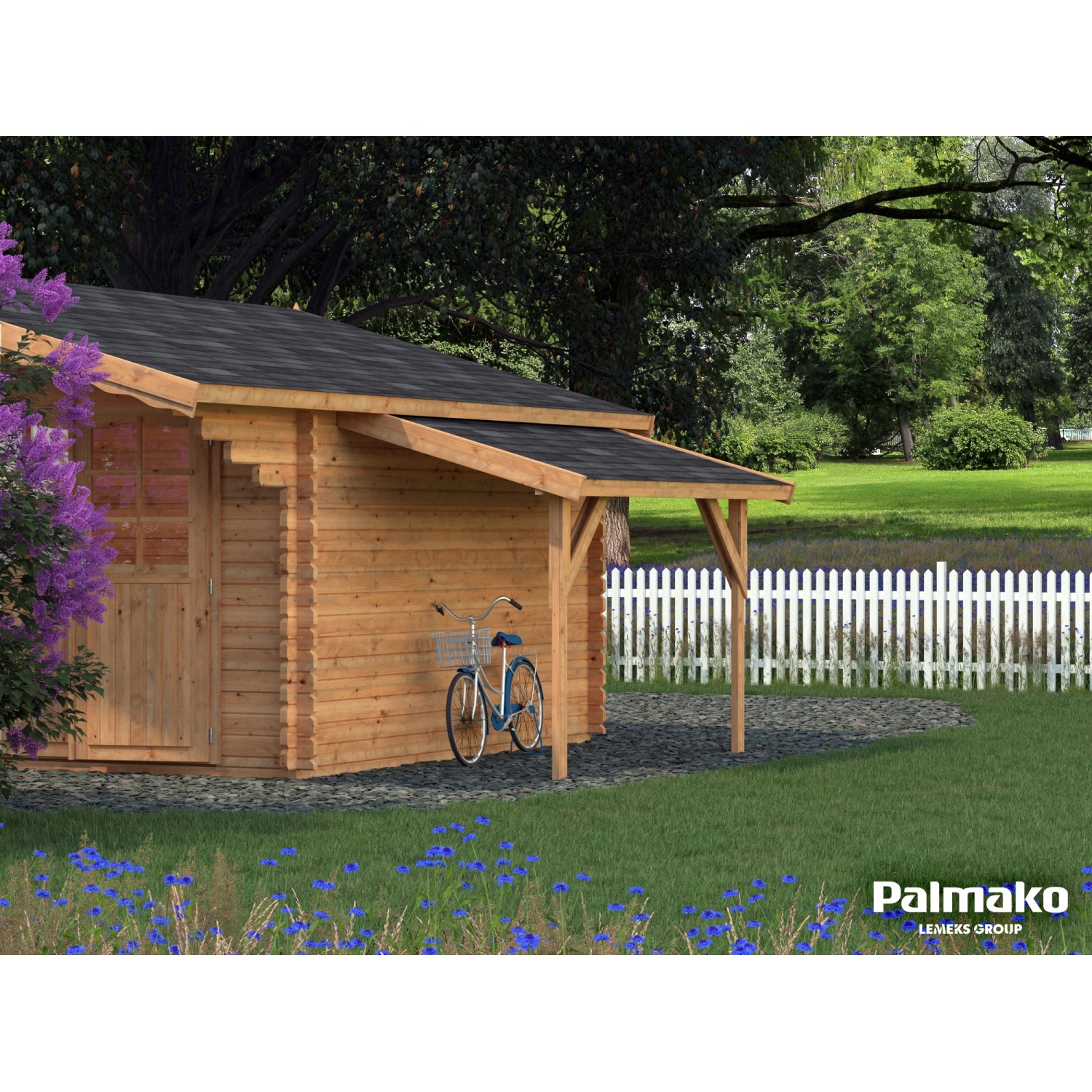 Palmako Schleppdach (braun) am Holz-Gartenhaus, ideal als Unterstand für Fahrräder oder Holz.