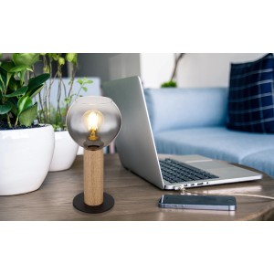 Globo Tischlampe Moitas, schwarz-matt, Rauchglas, 30 cm hoch. Moderne Design-Tischleuchte.