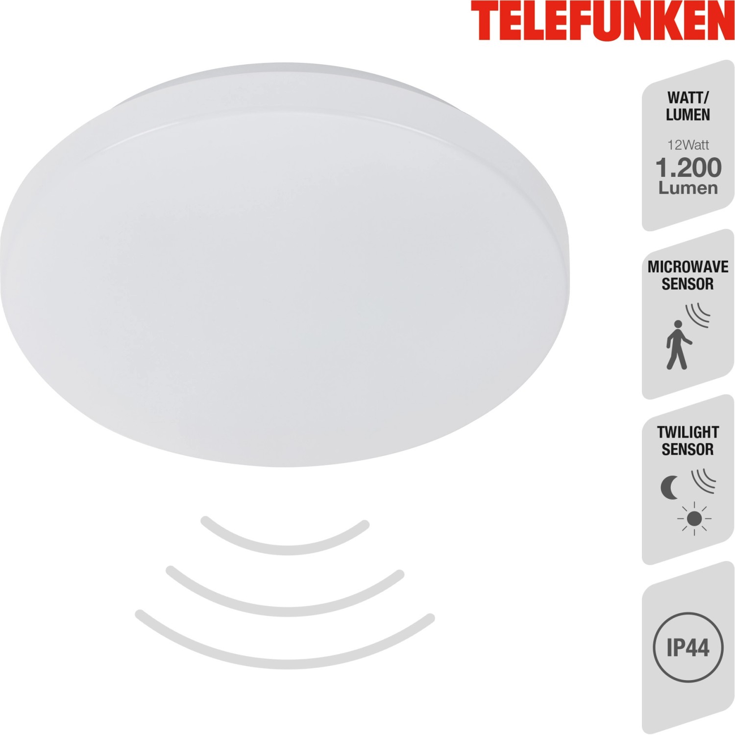 Weiße Telefunken LED-Deckenleuchte Wolga, 12W, mit Sensor und IP44 Schutz.