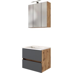 Held Möbel Waschtisch-Set Bari, 60 cm, Grau/Wotaneiche, mit Spiegelschrank und Mineralgussbecken.
