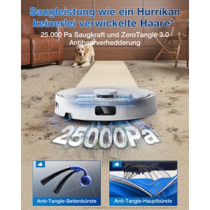 Weißer Ecovacs Deebot T30C Saugroboter in Aktion mit Anti-Tangle Bürsten.