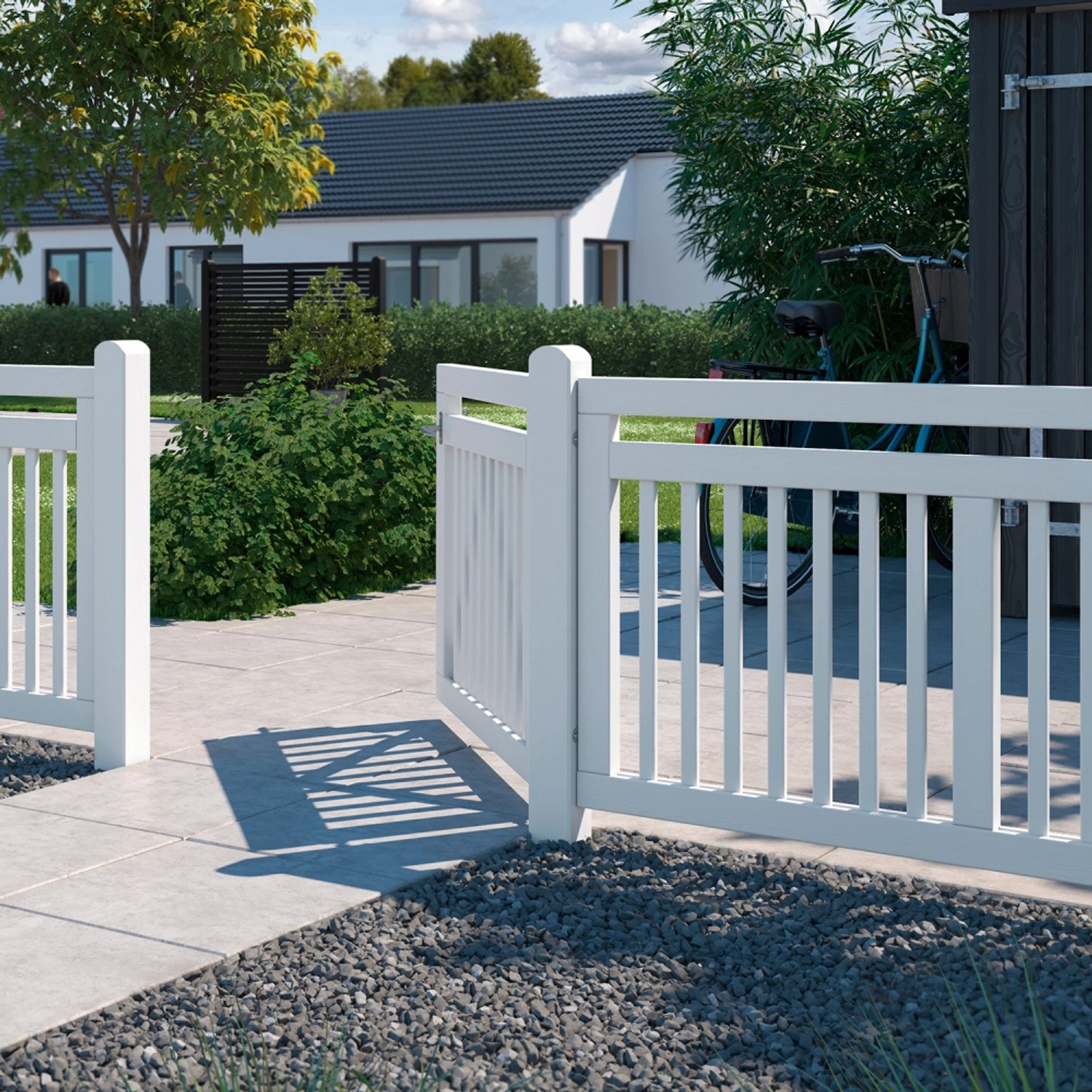 Weißes Gartentor aus Nadelholz (150x80cm) der Serie Linea. Modernes Design für den Gartenzaun.