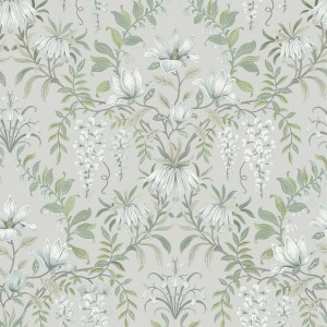 Laura Ashley Vliestapete Parterre Sage mit floralem Muster in Salbeigrün und Weiß.