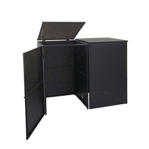 MCW 2er-Mülltonnenbox, schwarzes Poly-Rattan, zwei Fächer, Tür und Deckel geöffnet.