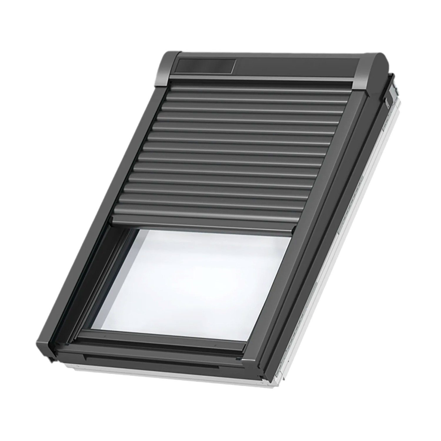 Solar Rollladen CK02 Alu für Dachfenster, teilweise geöffnet, für Hitzeschutz und Verdunkelung.