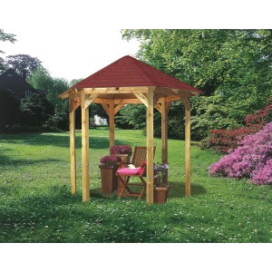 Kesseldruckimprägnierter Karibu Pavillon Alicante mit rotem Dach im Garten.