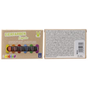 Eierfarben Kapseln: 6 bunte Farben zum Ostereier färben in Gelb, Orange, Rot, Blau, Grün und Violett.